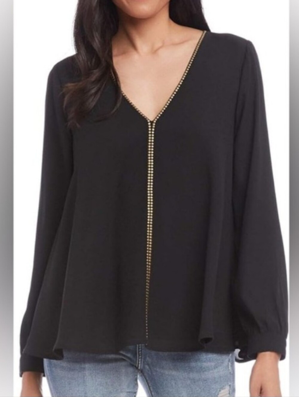Karen Kane Black V-Neck Blouse with Gold Stud Detailing Size L